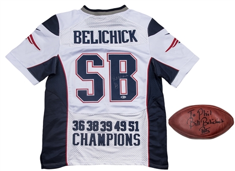 Lot of (2) Bill Belichick Signed Super Bowl LI Wilson Football & Commemorative New England Patriots Jersey (Beckett)